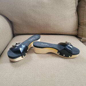 Flogg Melanie Sandals Patent Black Wooden Platform Slides Women’s Size 7.5